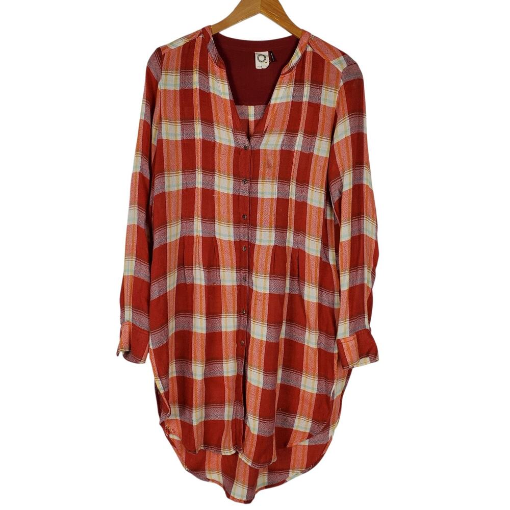 Akemi + Kin Anthropologie Lucie Plaid Tunic Size S Red Multi Long Sleeve Top